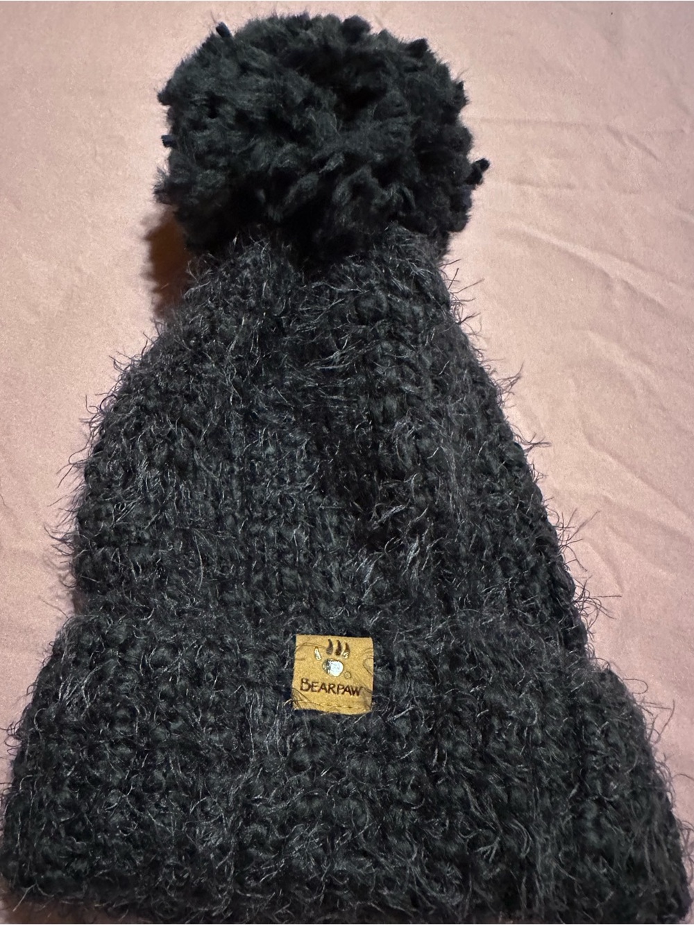 Bearpaw Black Fuzzy Pom Beanie, Like New